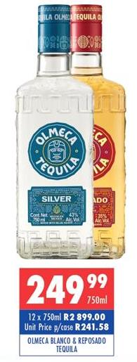 Olmeca Blanco & Reposado Tequila, 12 x 750ml