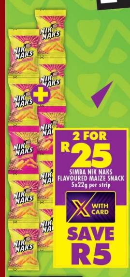 Simba Nik Naks Flavoured Maize Snack 5x22g Per Strips