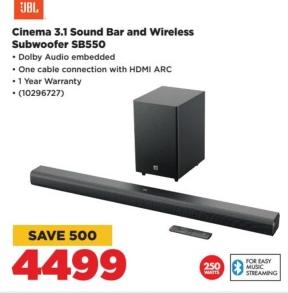 JBL Cinema 3.1 Sound Bar and Wireless Subwoofer SB550