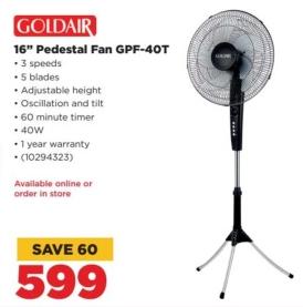 16" Pedestal Fan GPF-40T with 3 speeds, 5 blades, adjustable height, oscillation and tilt, 60 minute timer, 40W power, 1 year warranty.