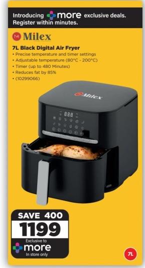 7L Black Digital Air Fryer - Precise temperature and timer settings. Adjustable temperature (80°C - 200°C). Timer (up to 480 minutes). Reduces fat by 85%.