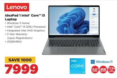 Lenovo IdeaPad 1 Intel Core i3 Laptop with Windows 11 Home, Intel Core i3-1215U Processor, Integrated Intel UHD Graphics, 3 Year Warranty (Upon Registration)