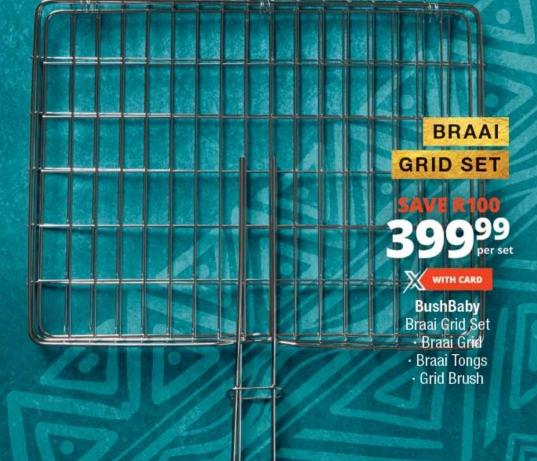 BushBaby Braai Grid Set including Braai Grid, Braai Tongs, and Grid Brush