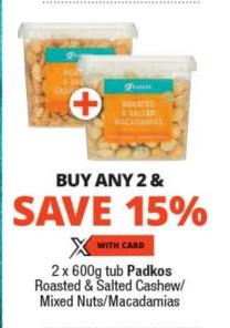 2x600g Tub Padkos Roasted & Salted Cashew/Mixed Nuts/Macadamias