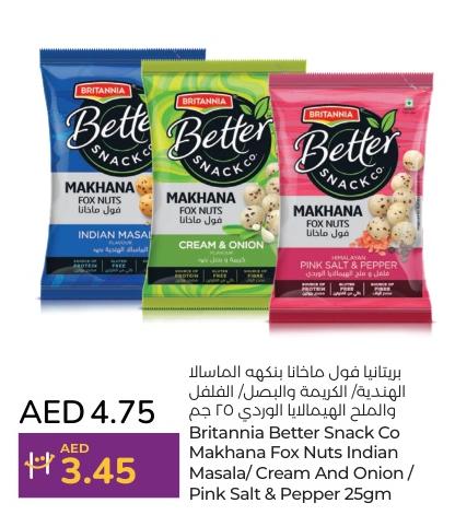 Britannia Better Snack Co Makhana Fox Nuts Indian Masala/Crean Abd Ibuib/Pink Salt & Pepper 25g