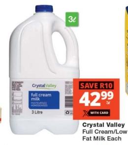 Crystal Valley Full Cream/Low Fat Milk 2L