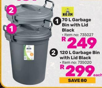 Big Jim Garbage Bin With Lid Black 70L