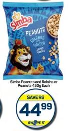 Simba Peanuts and Raisins or Peanuts 450g Each