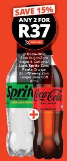 2 Coca-Cola Zero Sugar/Zero Sugar & Caffeine/Light/Sprite Zero/Fanta Orange Zero/Stoney Zero/Ginger Beer Soft Drink  Any 2 