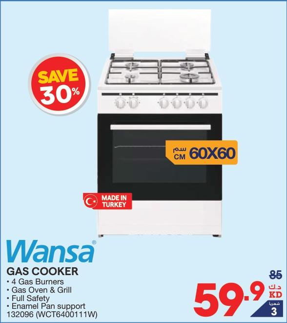 Wansa Gas Cooker with 4 Gas Burners, 