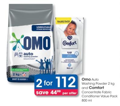 Omo Auto Washing Powder 2 kg and Comfort Concentrate Fabric Conditioner Value Pack 800 ml