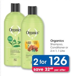 Organics Shampoo, Conditioner or 2 in 1, 1 Litre