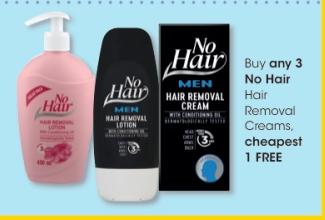 Buy any 3 No Hair Hair Removal Creams, cheapest 1 FREE