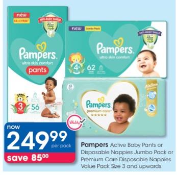 Pampers Active Baby Pants or Disposable Nappies Jumbo Pack or Premium Care Disposable Nappies Value Pack Size 3 and upwards