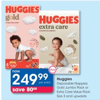 Huggies Disposable Nappies Gold Jumbo Pack or Extra Care Value Pack