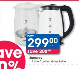 Safeway 1.7 Litre Cordless Glass Kettle 