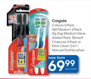 Colgate Colours 5-Pack; 360 Medium 2-Pack; Zig Zag Medium Value Added Pack; Slimsoft Charcoal 2-Pack or Extra Clean 2-in-1 Manual Toothbrushes