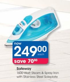 Safeway 1600 Watt Steam & Spray Iron with Stainless Steel Soleplate