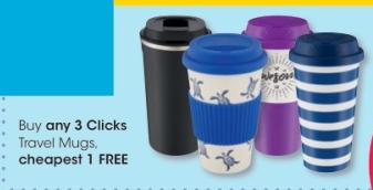 Buy any 3 Clicks Travel Mugs, cheapest 1 FREE