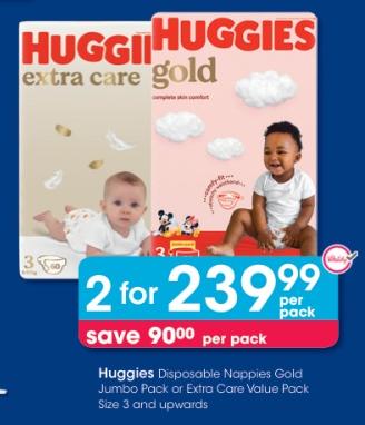 Huggies Disposable Nappies Gold Jumbo Pack or Extra Care Value Pack Size 3 and Upwards