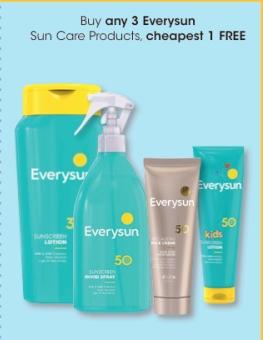 Buy any 3 Everysun Sun Care Products, cheapest 1 FREE