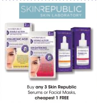 Buy any 3 Skin Republic Serums or Facial Masks, cheapest 1 FREE