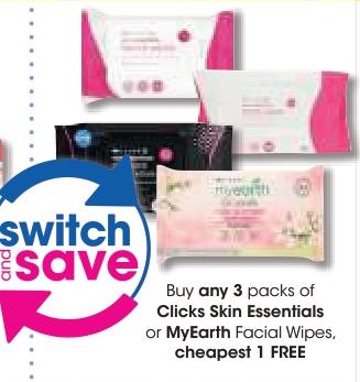 Clicks Skin Essentials or MyEarth Facial Wipes