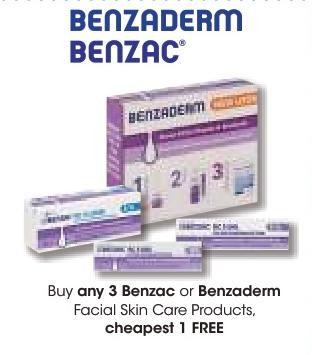 Buy any 3 Benzac or Benzaderm Facial Skin Care Products, cheapest 1 FREE