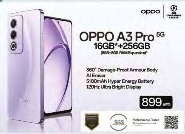 OPPO A3 Pro 5G with 16GB RAM and 256GB storage (8GB + 8GB RAM Expansion)