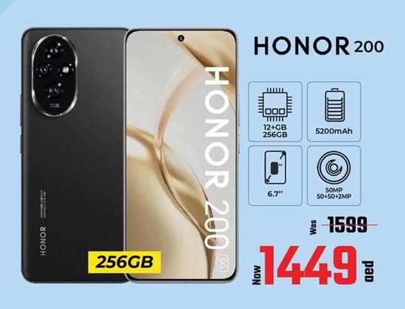 HONOR 200 smartphone with 12GB RAM and 256GB storage, 6.7-inch display, 50MP + 50MP + 2MP camera, and 5200mAh battery.