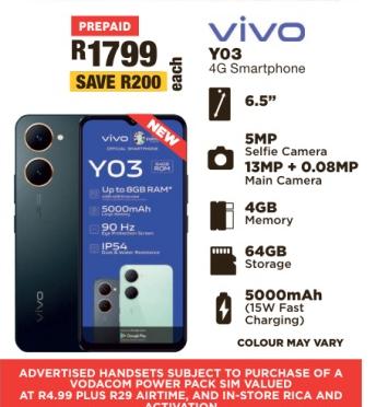 vivo Y03 4G Smartphone, 6.5", 5MP Selfie Camera, 13MP + 0.08MP Main Camera, 4GB Memory, 64GB Storage, 5000mAh (15W Fast Charging)