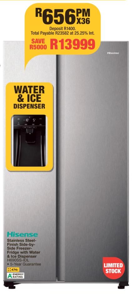 Hisense Stainless Steel-Finish Side-by-Side Freezer-Fridge with Water & Ice Dispenser