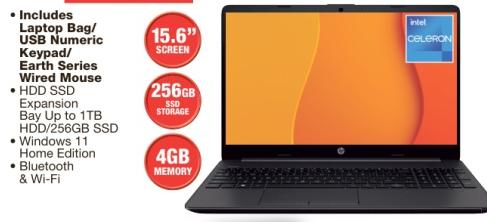 15.6" Laptop with Intel Celeron, includes Laptop Bag, USB Numeric Keypad, and Wired Mouse.