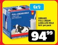 UBRAND FULL CREAM LONG LIFE MILK 6X1 Ltr per pack