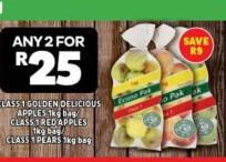 CLASS 1 GOLDEN DELICIOUS APPLES 1kg bag/ CLASS 1 RED APPLES 1kg bag / CLASS 1 PEARS 1kg bag ANY 2