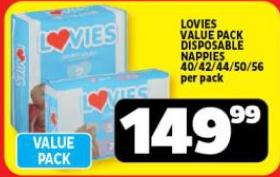 LOVIES VALUE PACK DISPOSABLE NAPPIES 40 / 42 / 44 /50 / 56 Per Pack