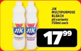 JIK Multipurpose Bleach all variants 750ml Each