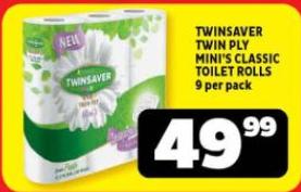 TWINSAVER TWIN PLY MINI'S CLASSIC TOILET ROLLS 9 Per Pack