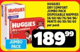 HUGGIES DRY COMFORT JUMBO PACK DISPOSABLE NAPPIES 56/60/66/76/94/96/PANTS 46/50/56/60 per pack