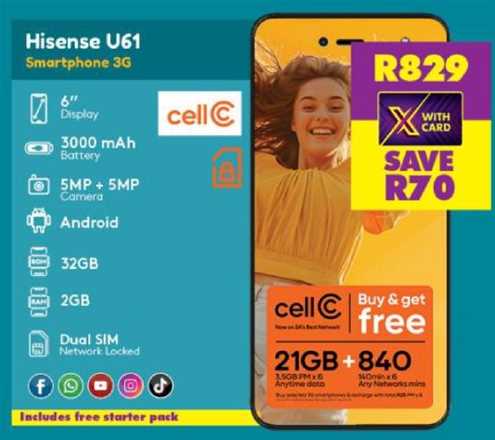 Hisense U61 Smartphone 3G with 6" Display, 3000 mAh Battery, 5MP + 5MP Camera, Android, 32GB Storage, 2GB RAM, Dual SIM, Network Locked