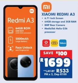 XIAOMI REDMI A3, 6.71 Inch Screen, 64GB storage and 3GB RAM, 8MP Rear Camera, MediaTek Helio G36 processor