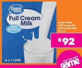 Great Value UHT Long Life Full Cream Milk 6x1L