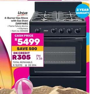 Univa 4-Burner Gas Stove with Gas Oven (UG016B1) - Flame failure device - 4 Burners