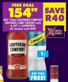 Buy 750ml Southern Comfort Original/Lime Liqueur each & Get 1ltr Schweppes all variants each free 