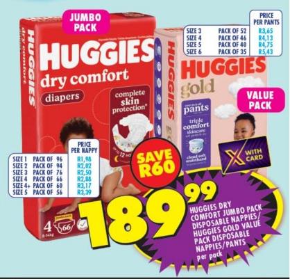 HUGGIES DRY COMFORT JUMBO PACK DISPOSABLE NAPPIES /HUGGIES GOLD VALUE PACK DISPOSABLE NAPPIES /PANTS PER PACK