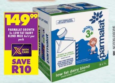 PARMALAT GROWTH 3+ LOW FAT DAIRY BLEND MILK 6x1L Per Pack