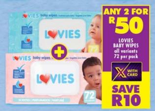 Any 2 LOVIES baby wipes, all variants 72 Per Pack