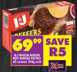 I&J FROZEN BEEFERS BEEF BURGER PATTIES all variants 500g each