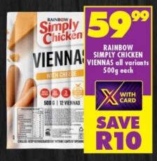 Rainbow Simply Chicken Viennas All Variants 500g Each