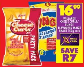 WILLARDS CHEESE CURLS/ FLINGS FLAVOURED MAIZE SNACKS150g each